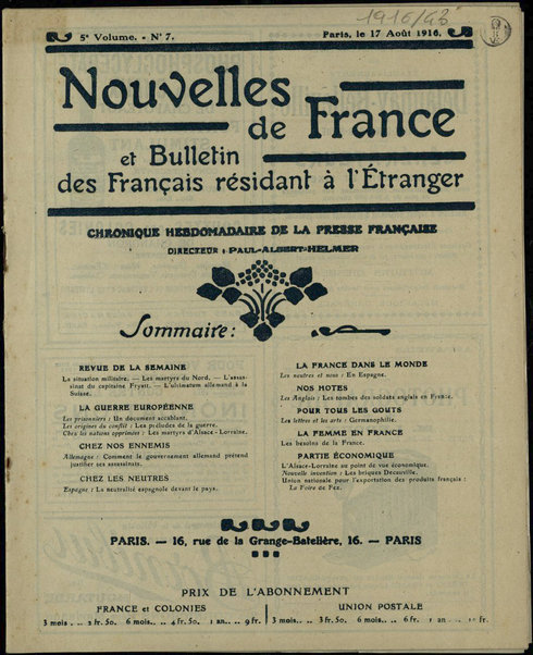 Nouvelles de France et Bulletin des Français résidant à l'étranger : chronique hebdomadaire de la presse française